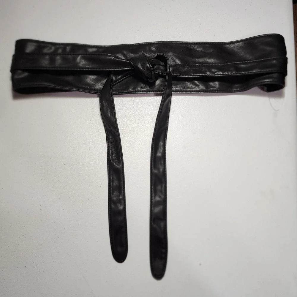 Black Faux Leather Obi Wrap Belt Wide Waist Sash Cinch Stud Detail